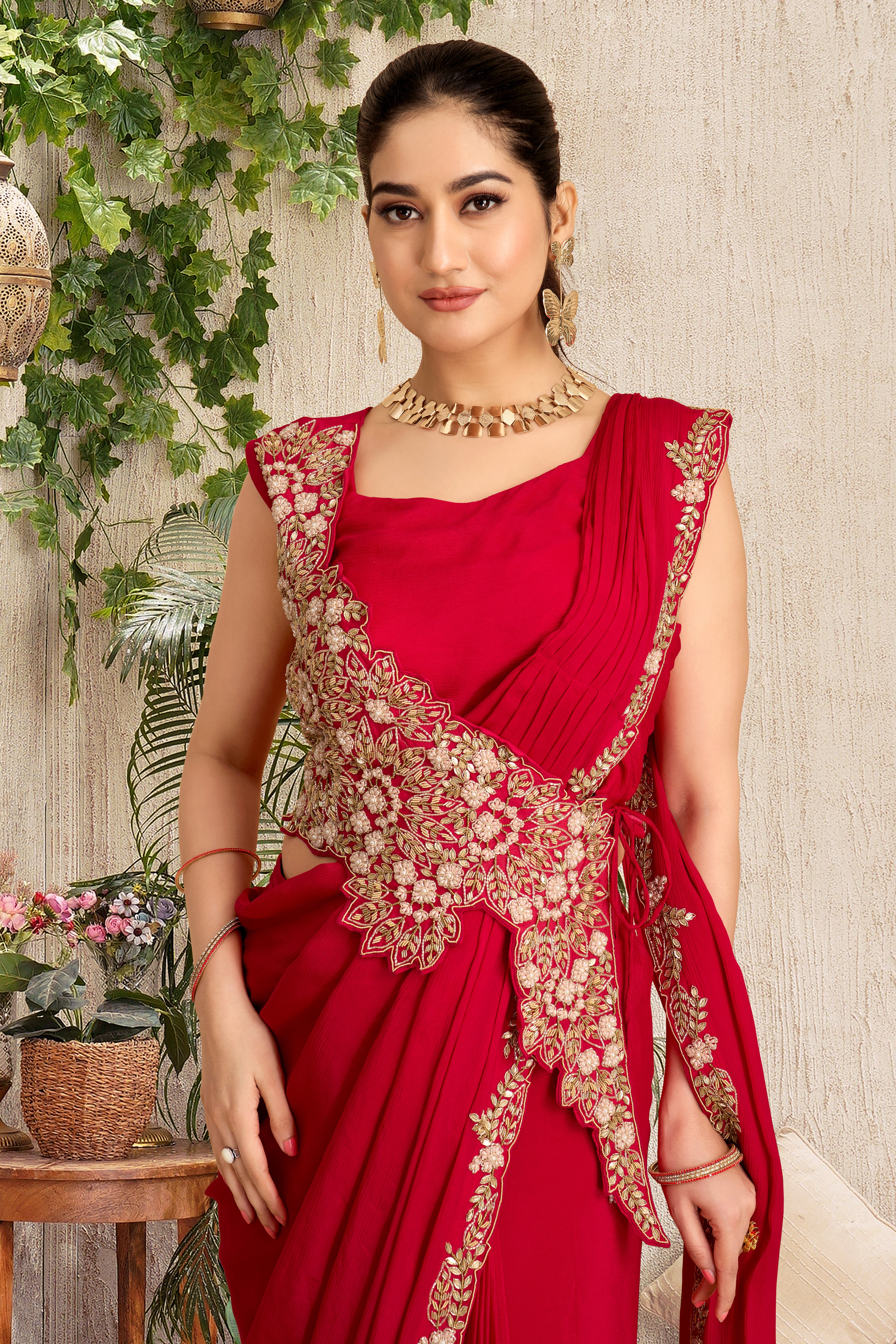 The Scarlet Red Draped Saree Gown with Gold Embroidery