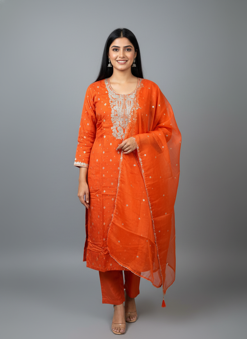 Radiant Orange Silk Embroidered Salwar Suit Set