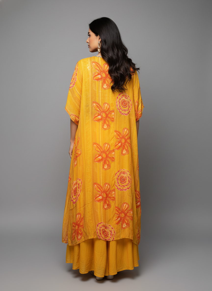 Sunshine Yellow Silk Indo-Western Set with Floral Shrug & Embroidered Crop Top