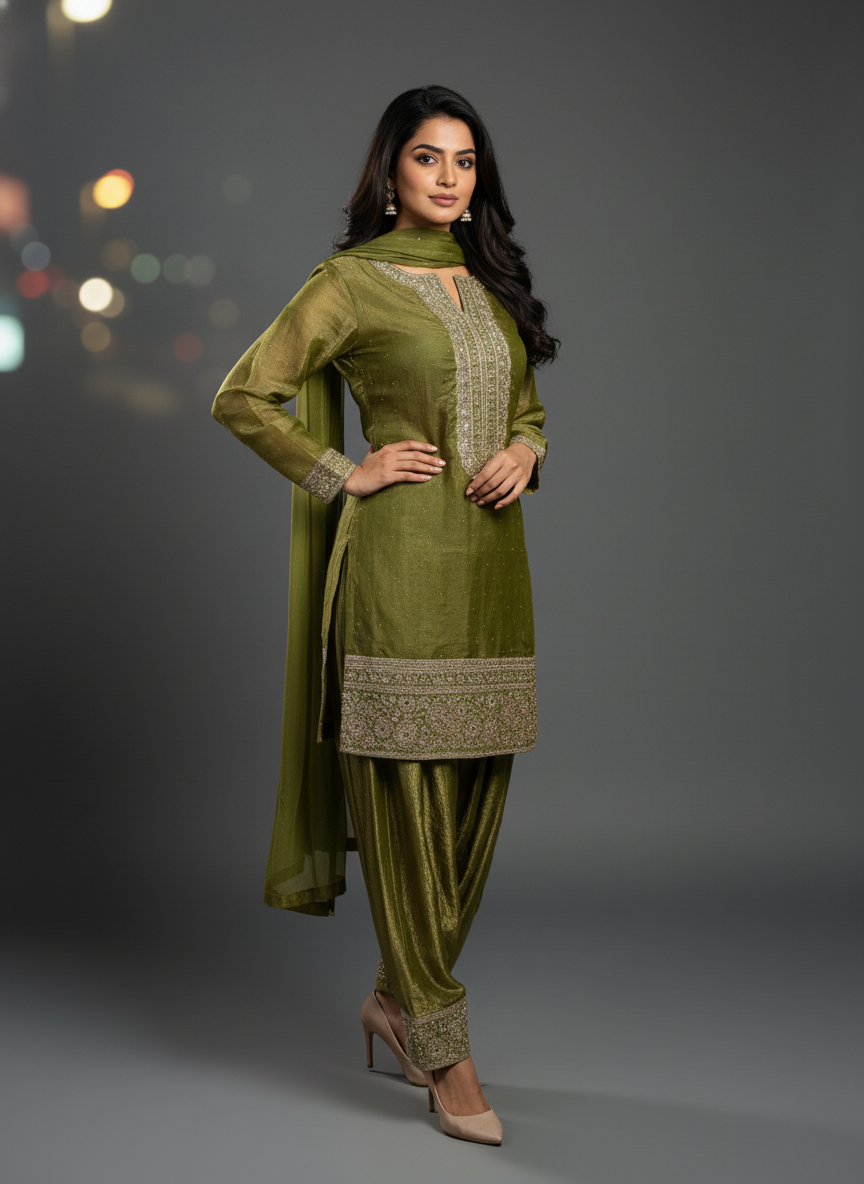 Luxurious Mehendi Green True Tone Silk Patiala Suit