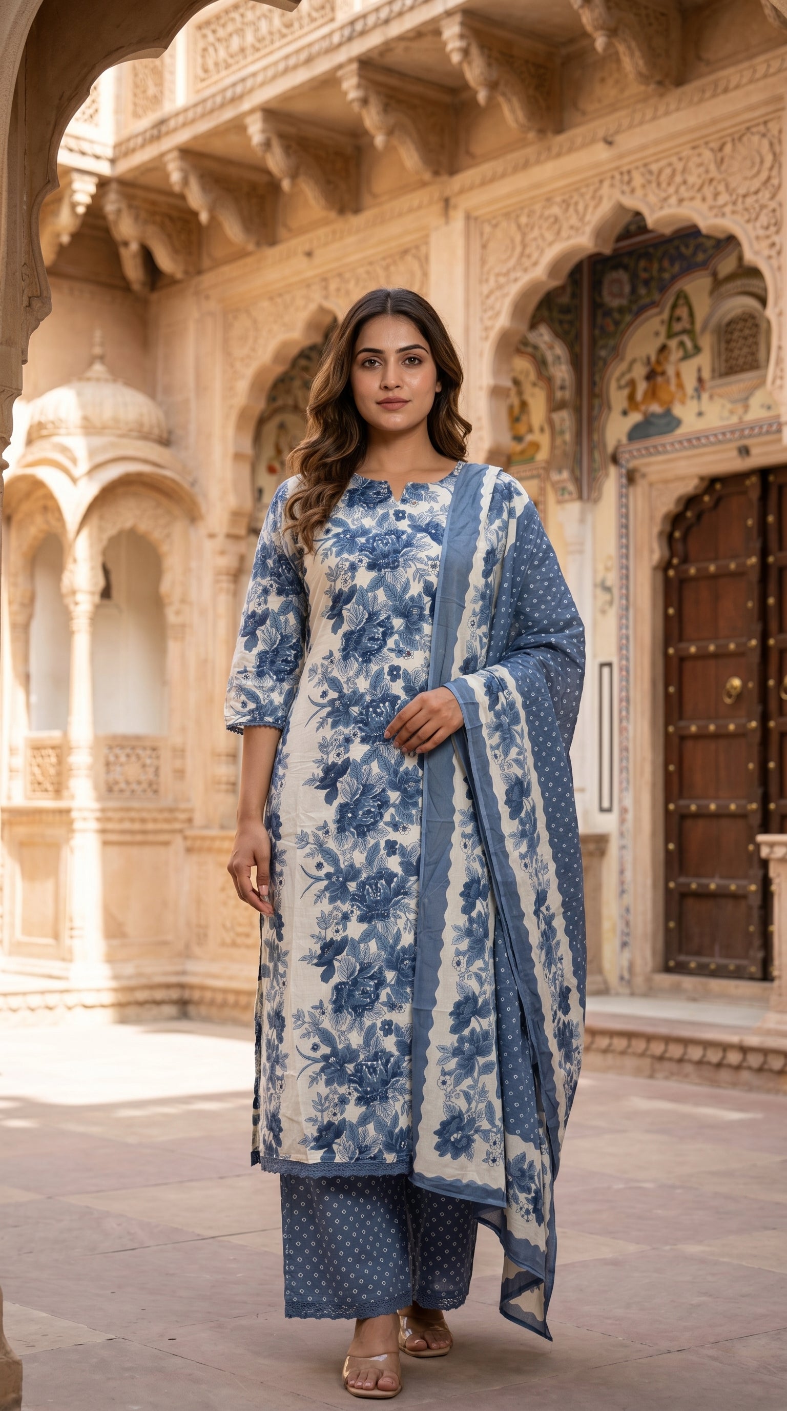 Indigo Blue Floral Print Cotton Kurta Set for Women – Straight Daily & Office Wear Suit with Bandhani Dupatta