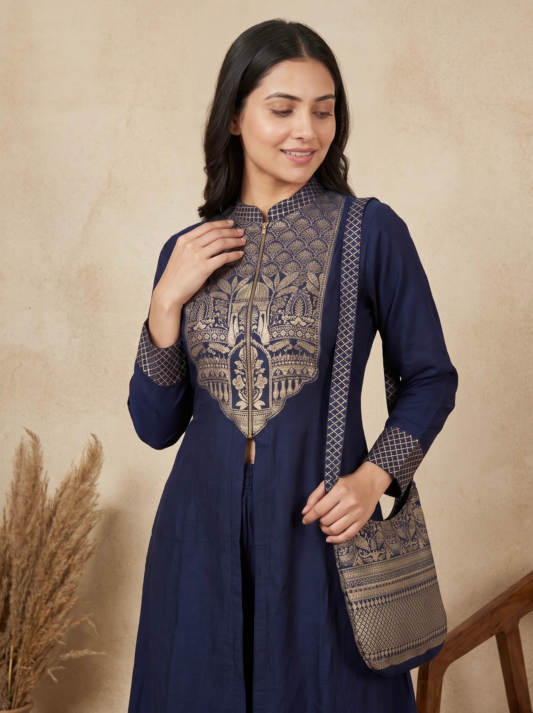 Navy Blue Gold Foil Print Premium  Front-Slit Kurta Set