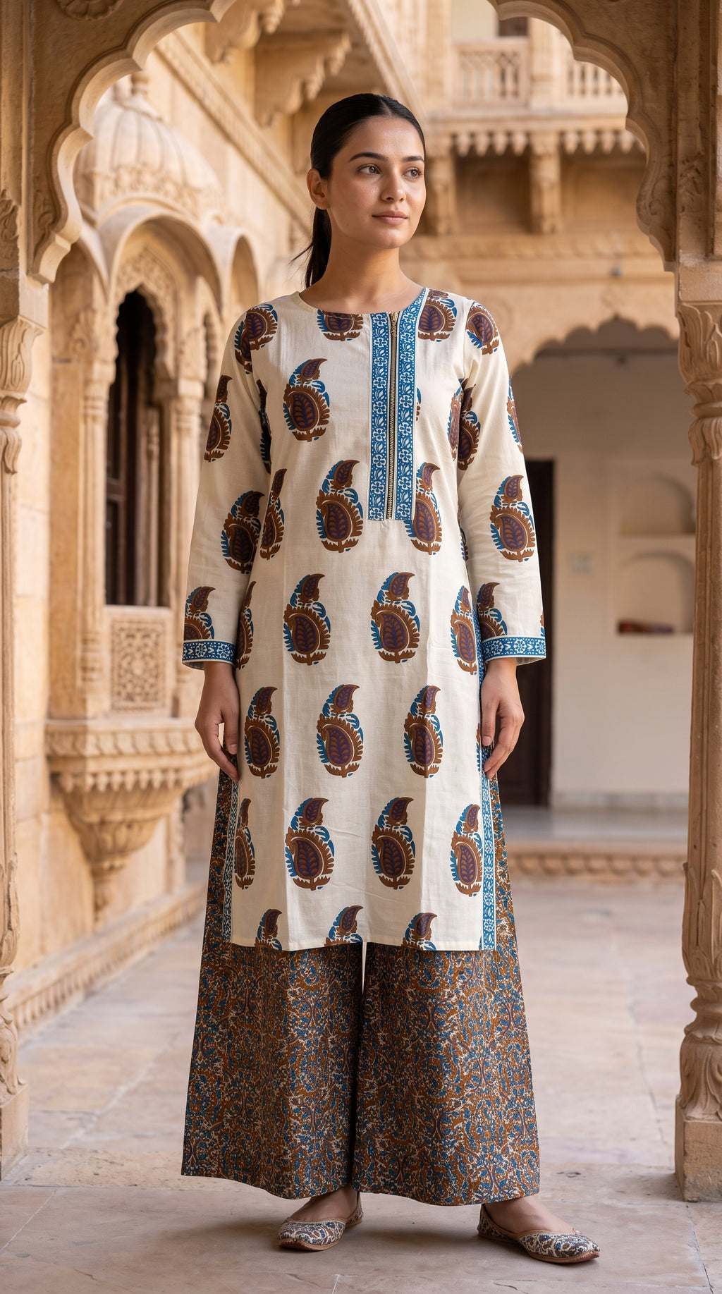 Off-White Blue Paisley Block Print Cotton Kurta Set – Palazzo Suit