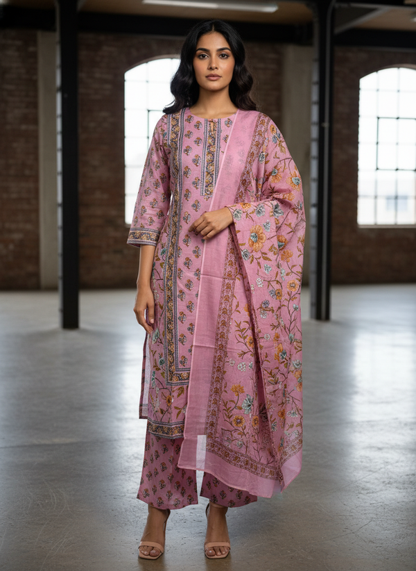 Blush Pink Floral A-Line Cotton 3-Piece Suit Set