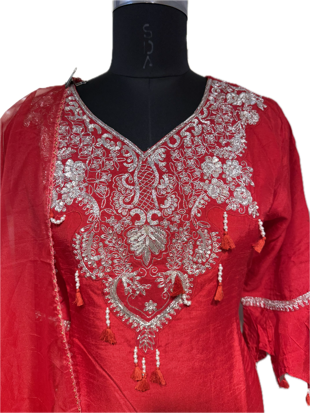 Ruby Red Embroidered Kurta & Pant Set with Organza Dupatta