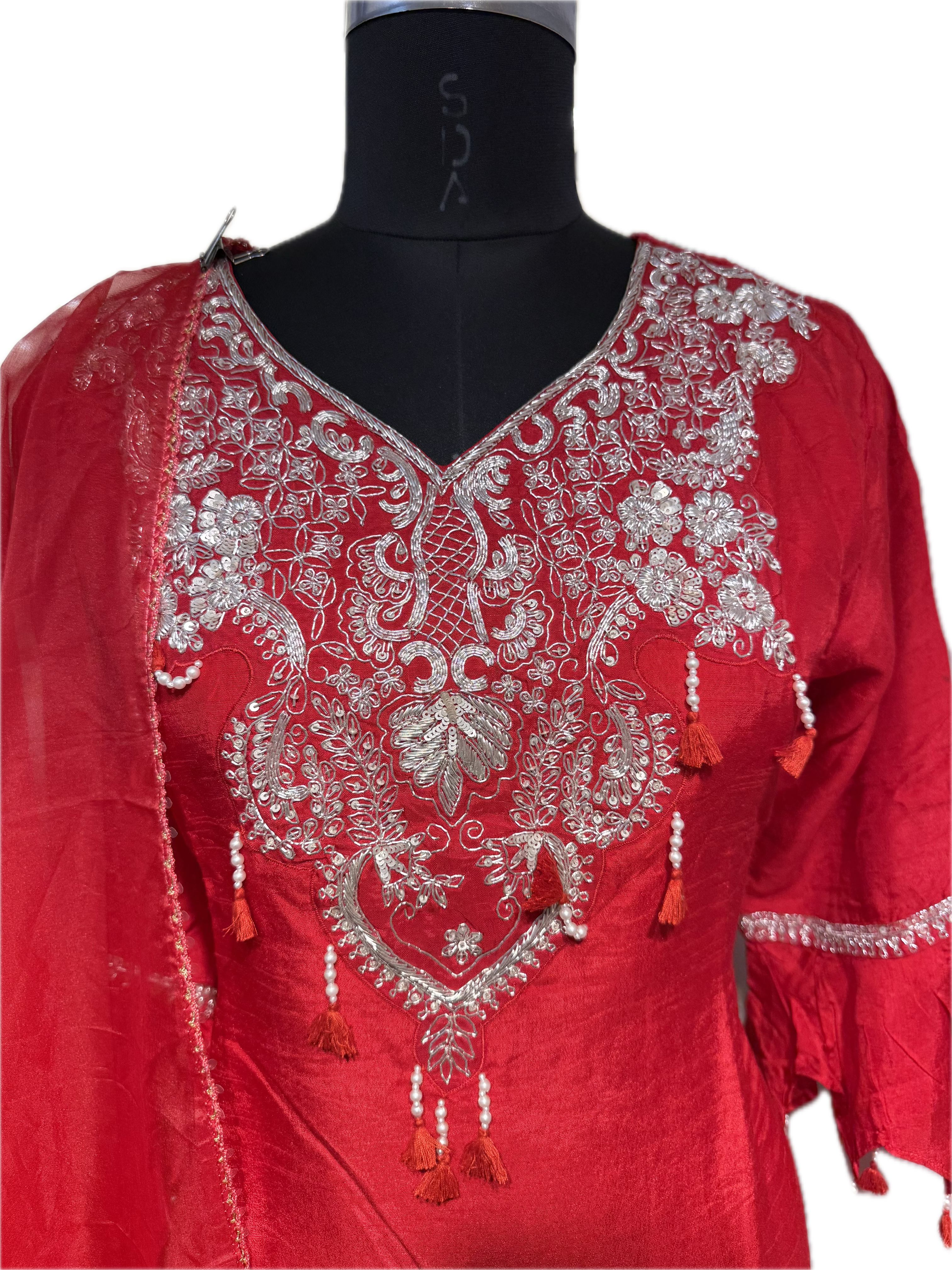 Ruby Red Embroidered Kurta & Pant Set with Organza Dupatta