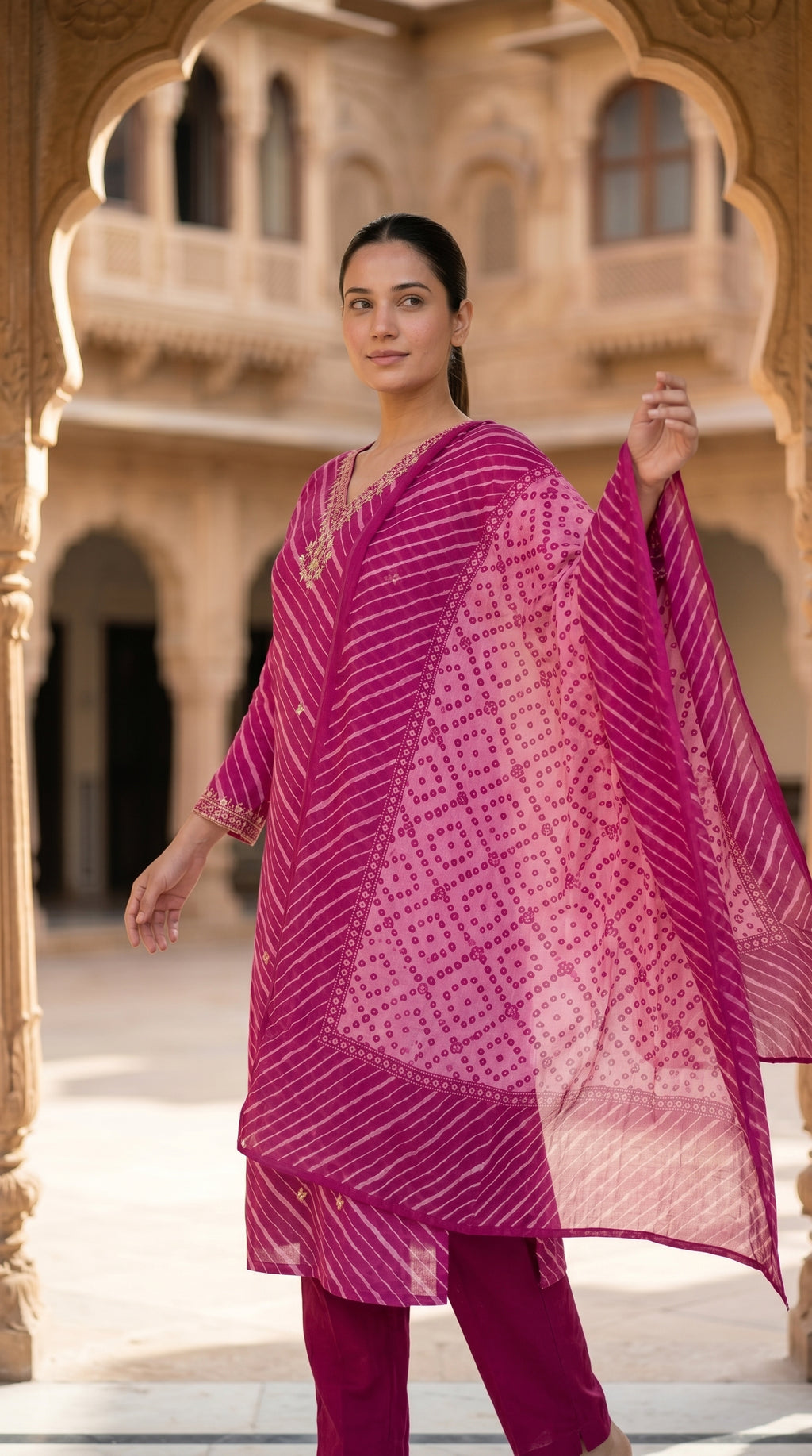 Rani Pink Leheriya Print Cotton Kurta Set for Women – Straight Suit with Bandhani Dupatta