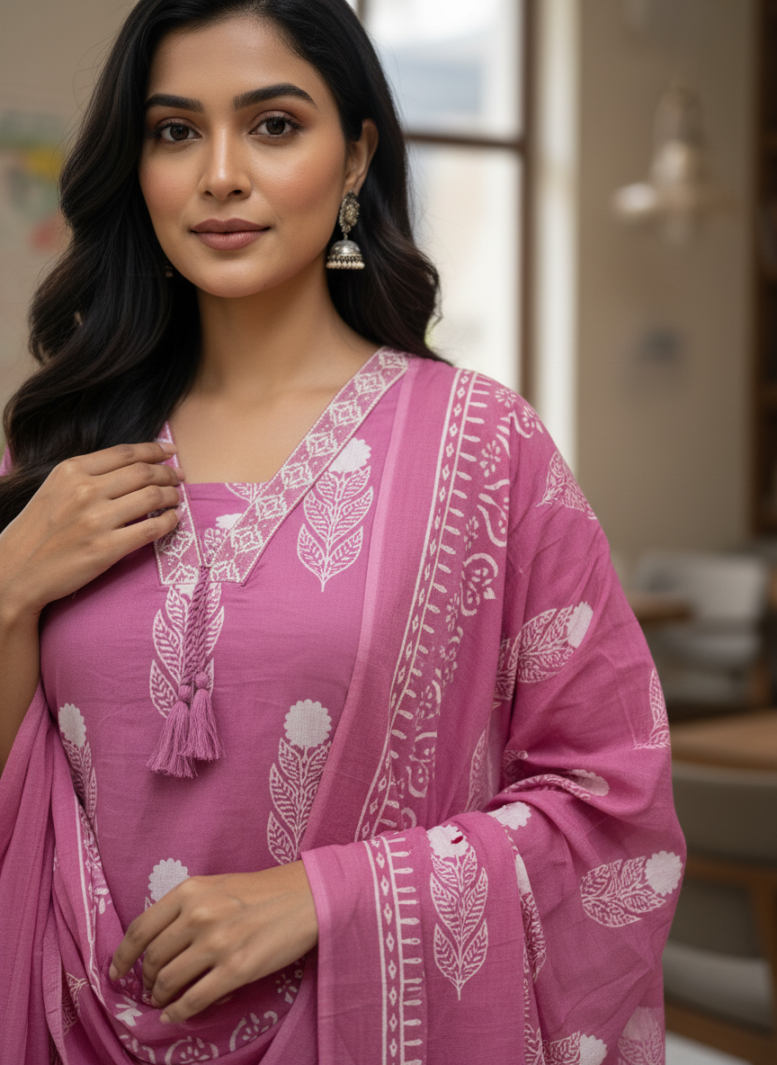 Mauve Pink Leaf Motif Cotton Kurta Set with Dupatta