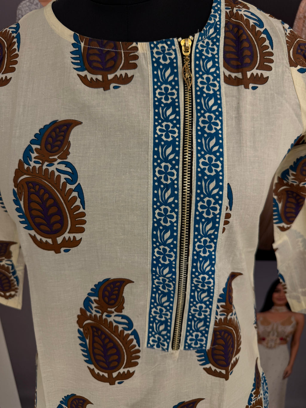Off-White Blue Paisley Block Print Cotton Kurta Set – Palazzo Suit
