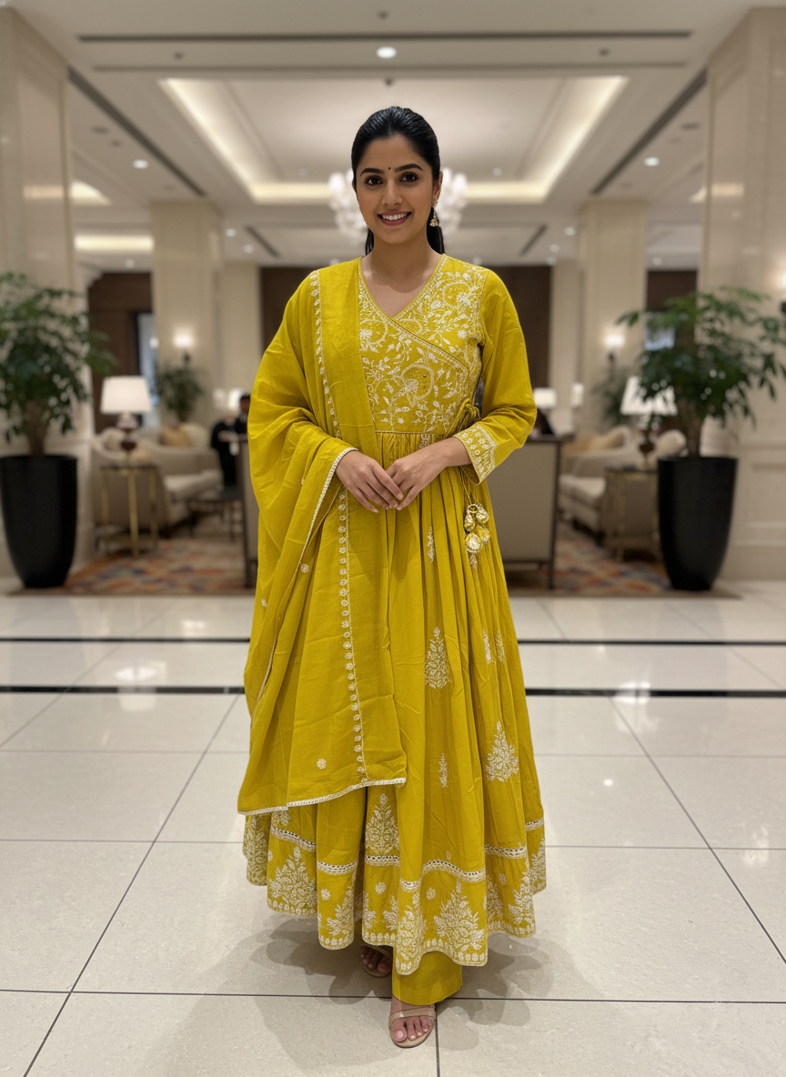 Mustard Yellow Chikankari Style Angrakha Suit Set - 3 Piece