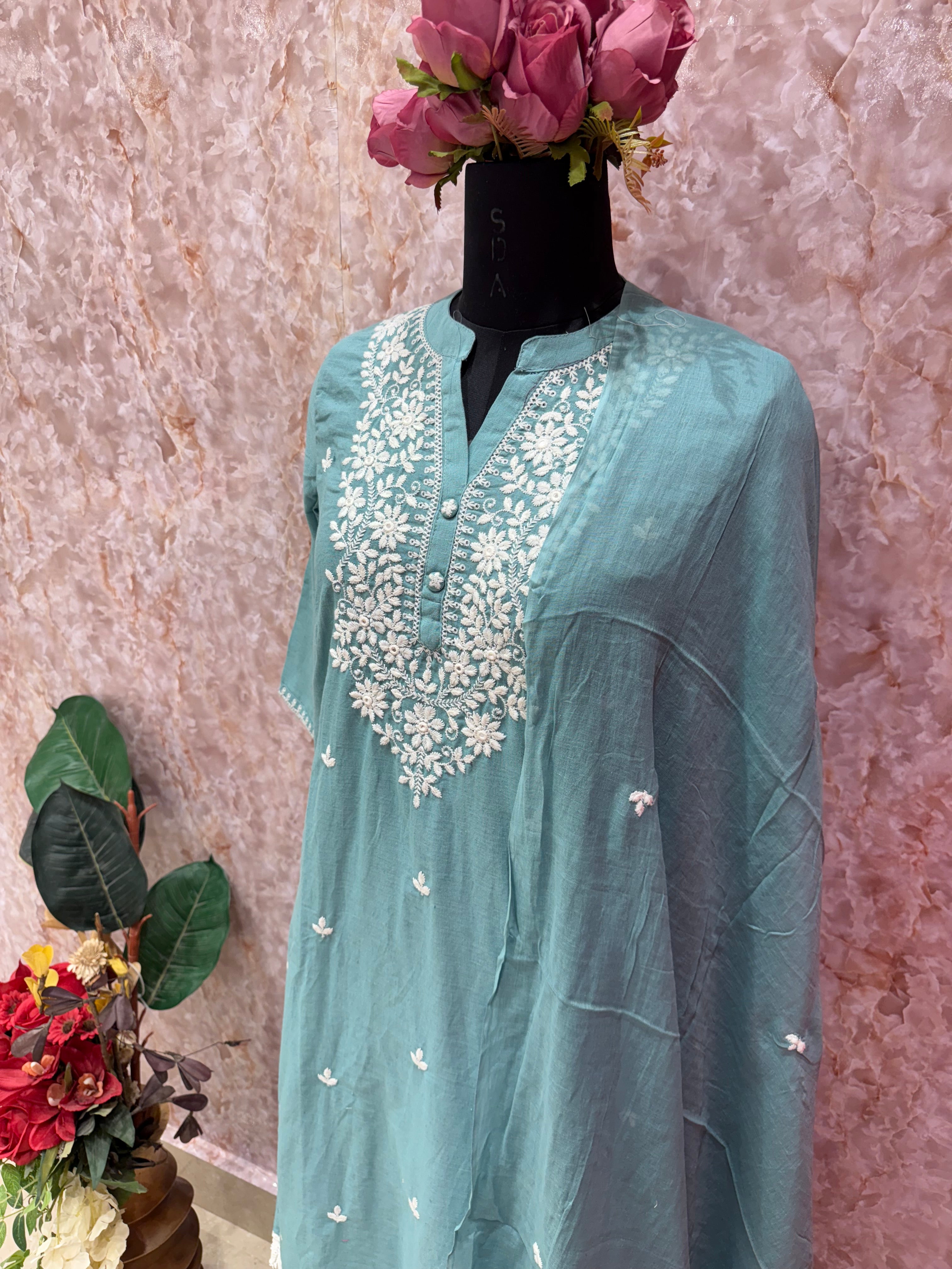 Mint Bloom: Highlight Embroidered Cotton Suit Set