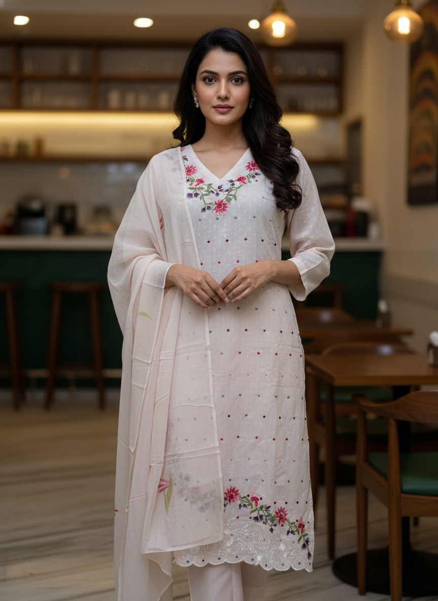 Nude Pink Floral Embroidered Cotton Kurta Set with Scalloped Hem