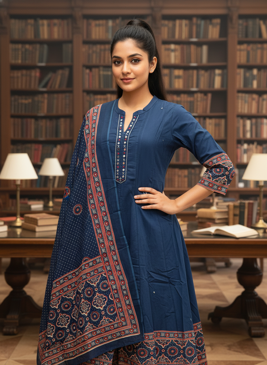 Royal Indigo Ajrakh Print Suit Set with Mirror-Work Neckline