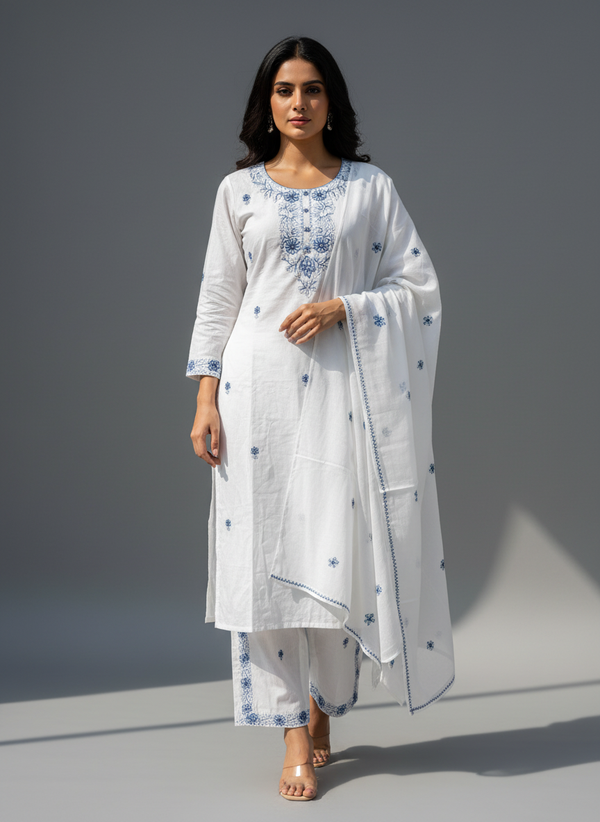 Pristine White Cotton Chikankari Embroidery Kurta Set