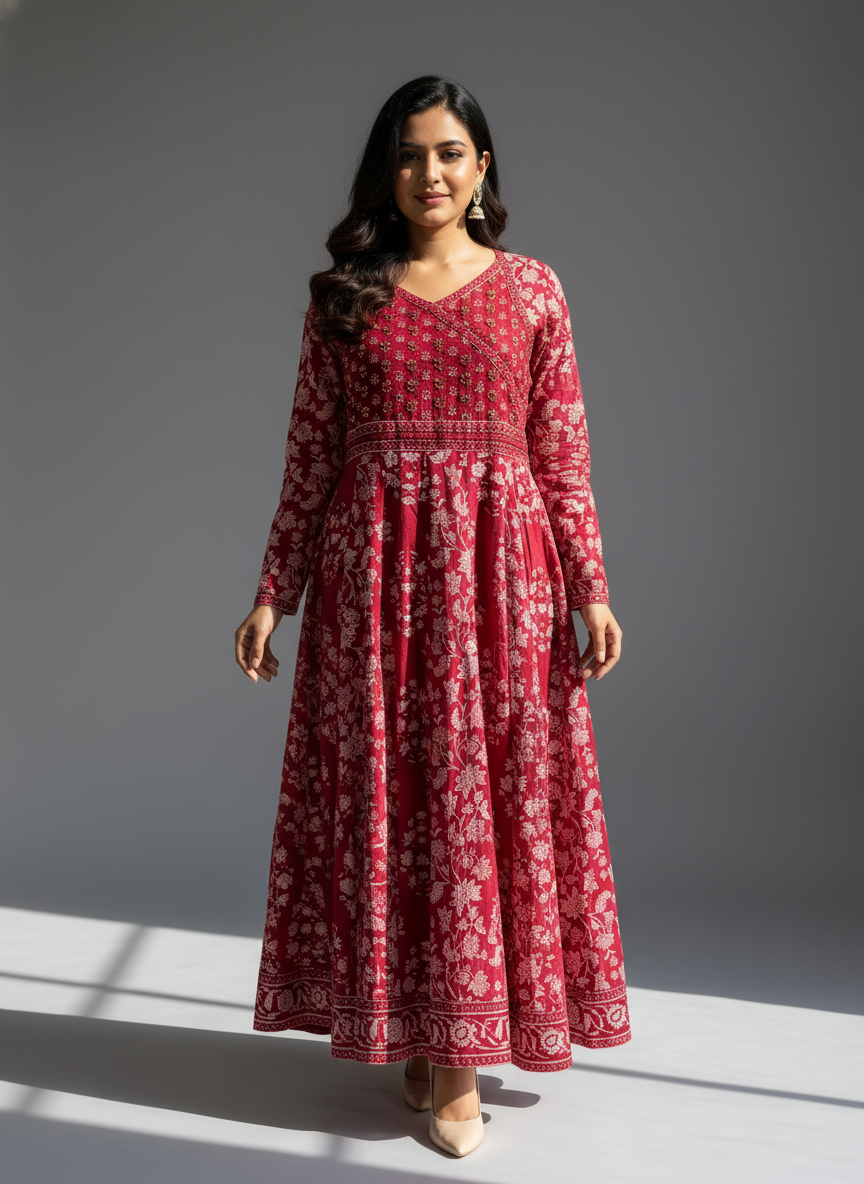 Maroon Floral Anarkali Cotton 3-Piece Suit Set