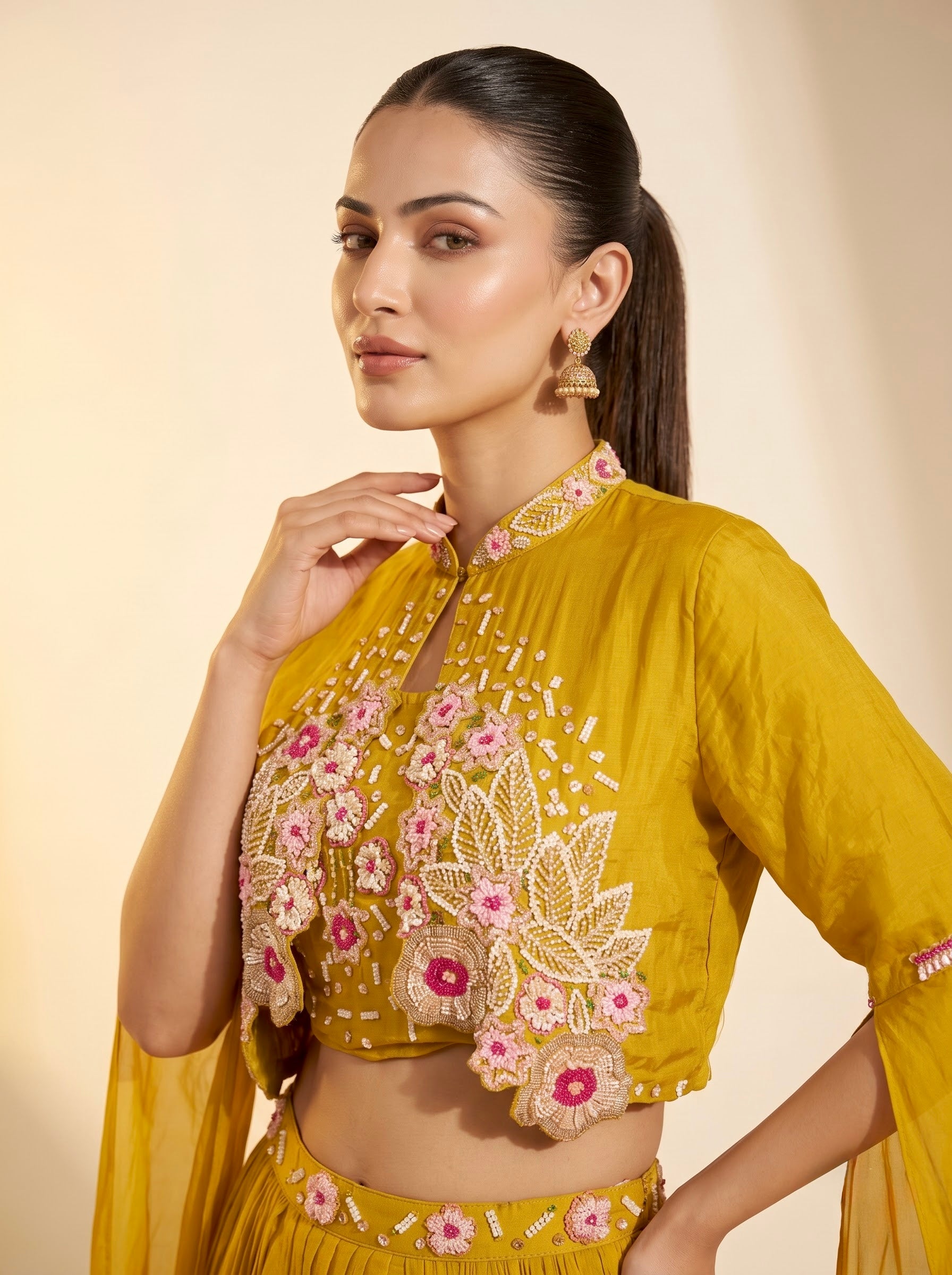 Mustard Pure Georgette Crop Top Lehenga Set with Cape Sleeves & Floral Embroidery