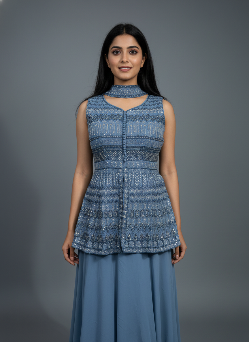 Dusty Blue Embroidered Peplum Top with Flowy Skirt Set