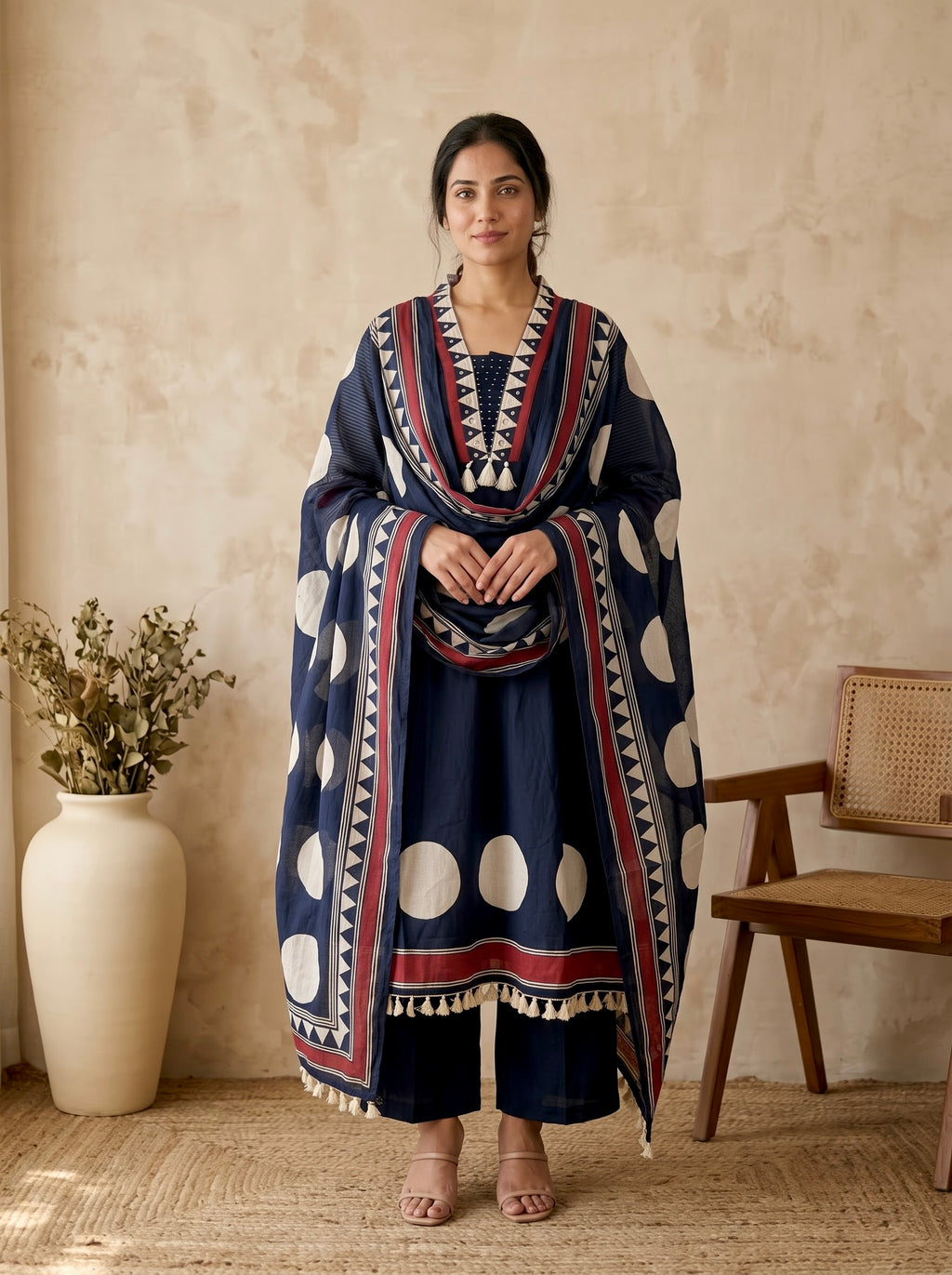 Navy Blue Polka Dot A-Line Premium Cotton Kurta Set