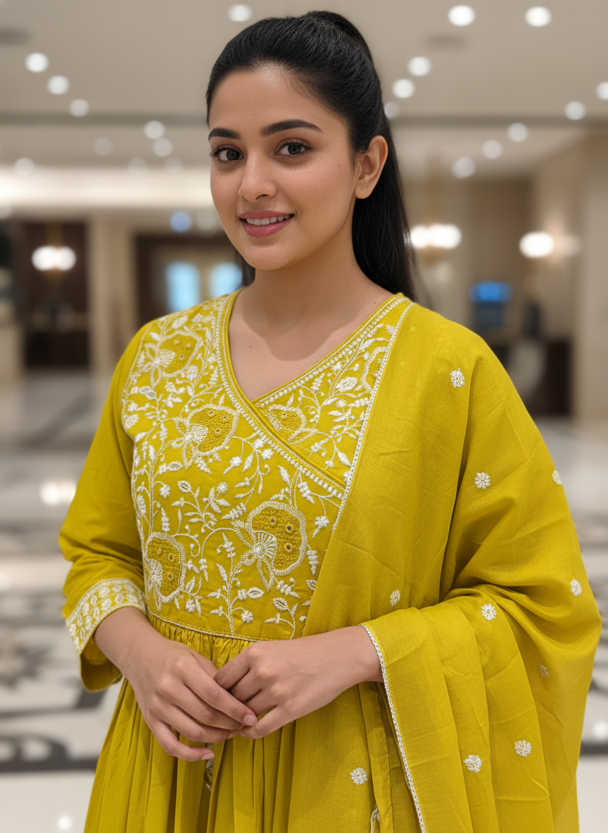 Mustard Yellow Chikankari Style Angrakha Suit Set - 3 Piece