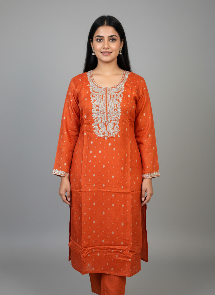 Radiant Orange Silk Embroidered Salwar Suit Set