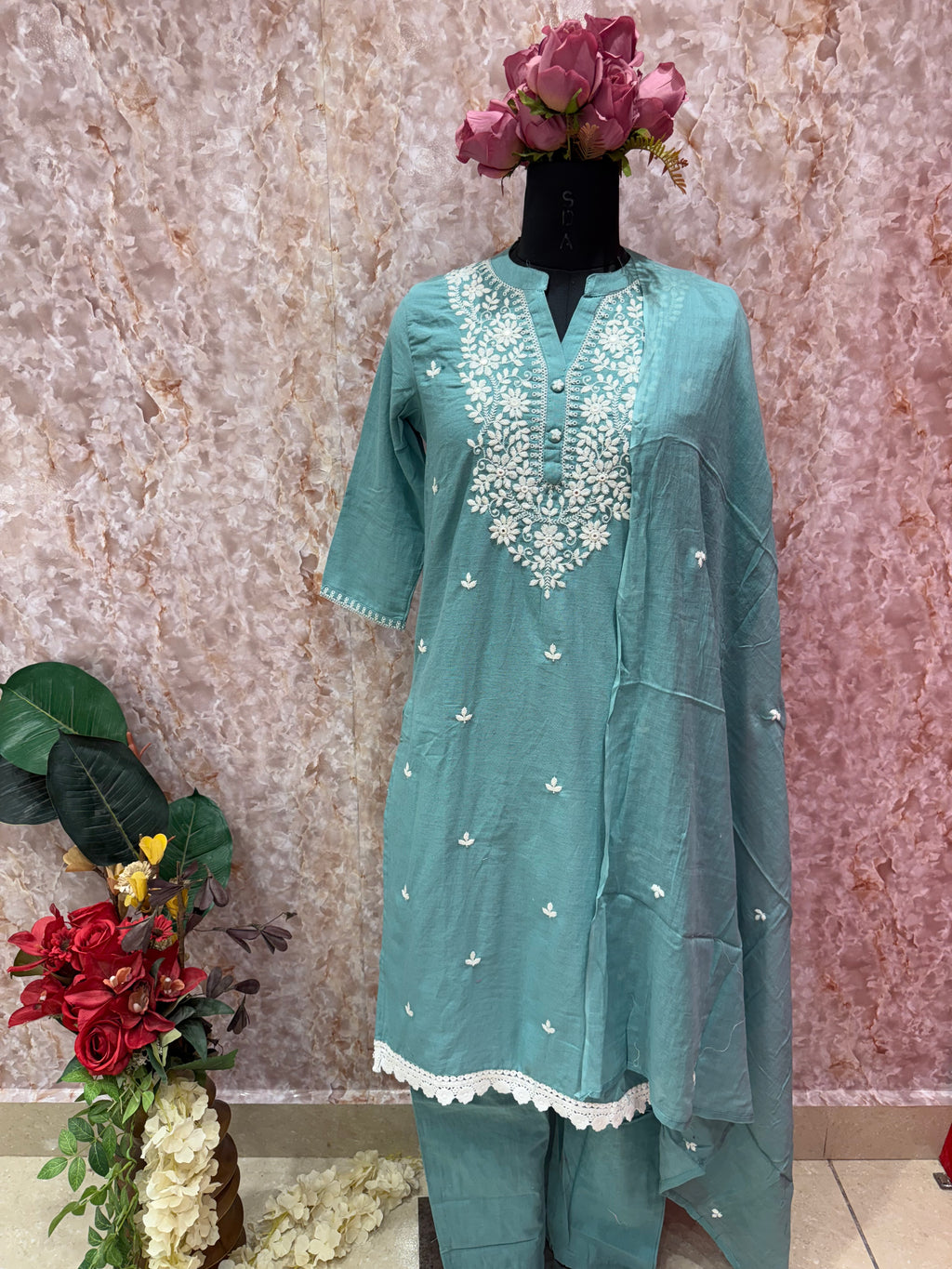 Mint Bloom: Highlight Embroidered Cotton Suit Set