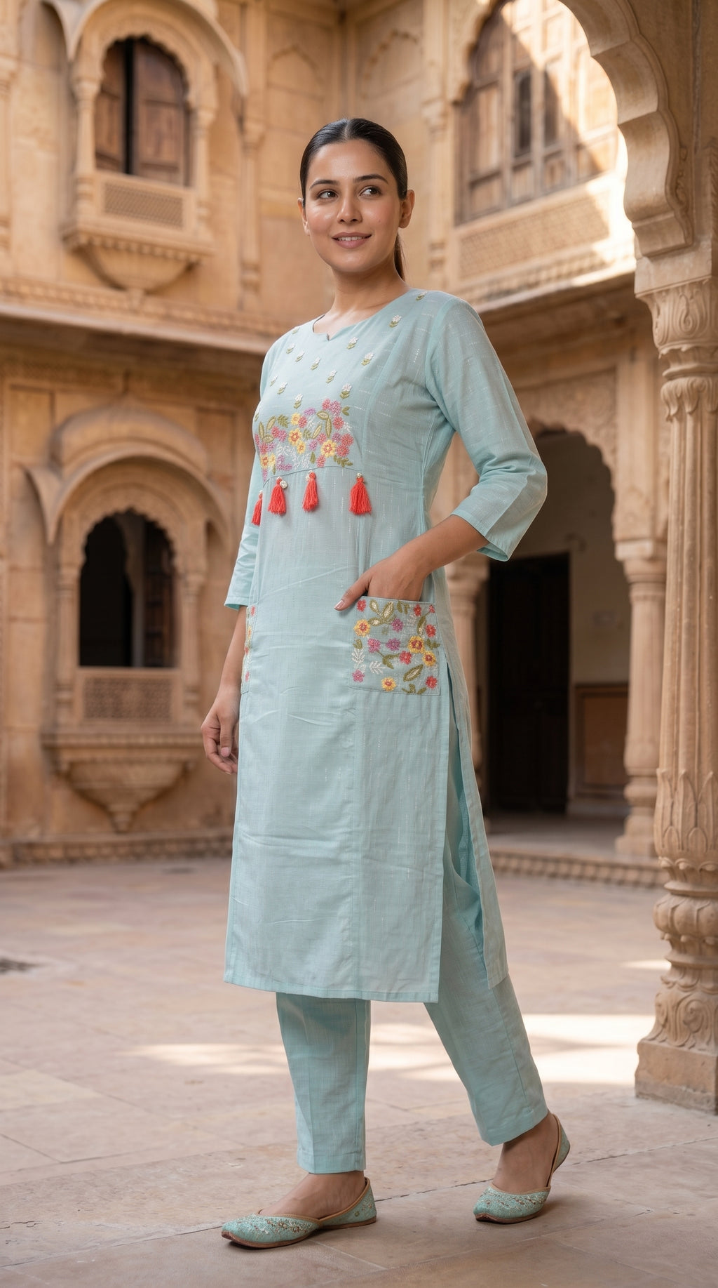 Powder Blue Floral Embroidered Cotton Kurta Set for Women – Straight Suit
