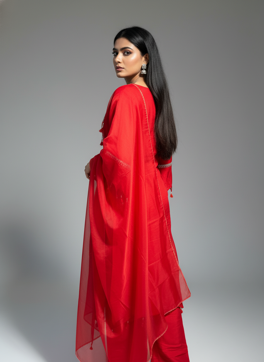Ruby Red Embroidered Kurta & Pant Set with Organza Dupatta