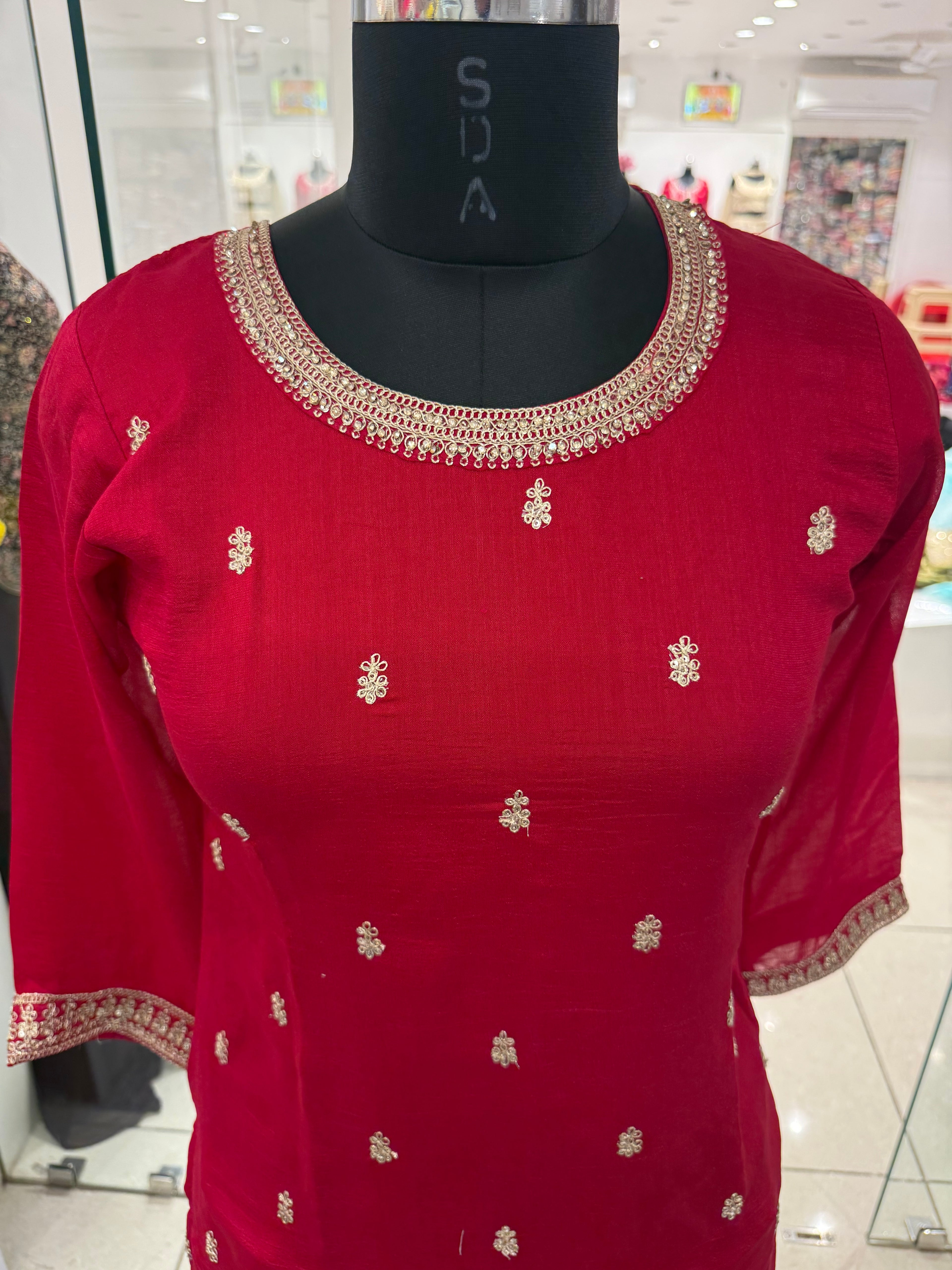 Red Viscose Kurta Set with Zari Embroidery & Sequin Work