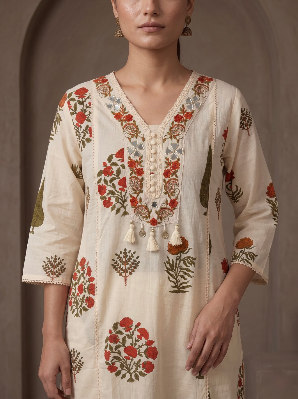 Ivory Mughal Floral Print Premium Cotton Kurta Set
