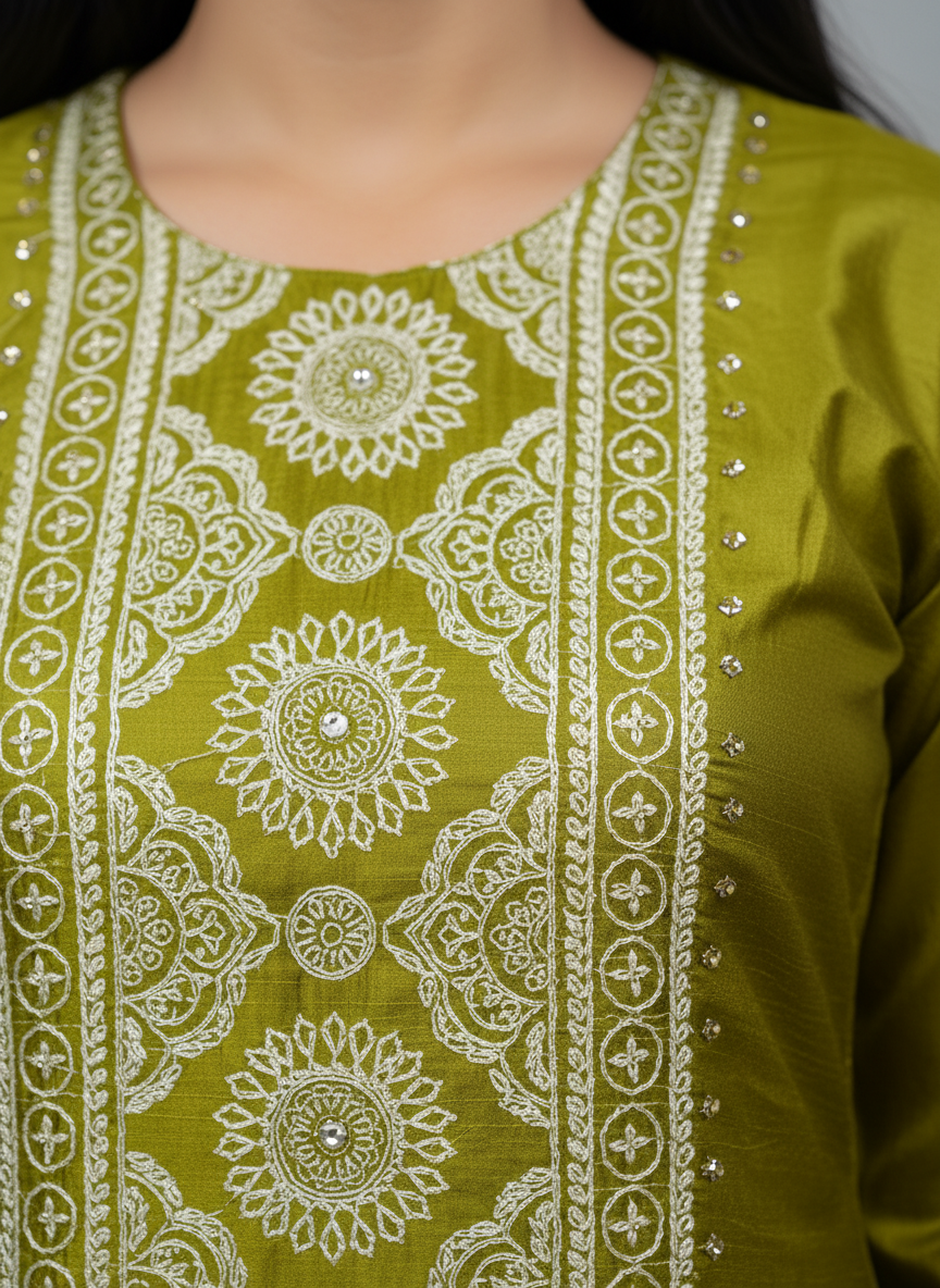 Olive Gold Satin Silk Embroidered Suit Set