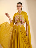 Mustard Pure Georgette Crop Top Lehenga Set with Cape Sleeves & Floral Embroidery