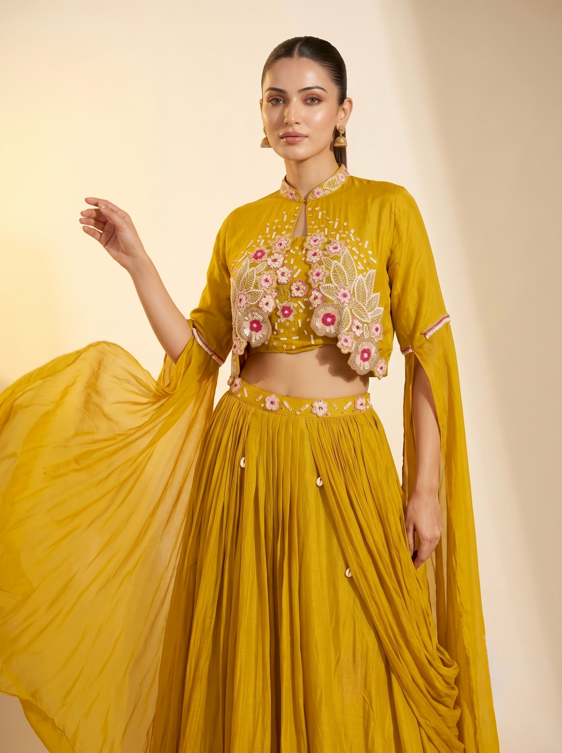 Mustard Pure Georgette Crop Top Lehenga Set with Cape Sleeves & Floral Embroidery