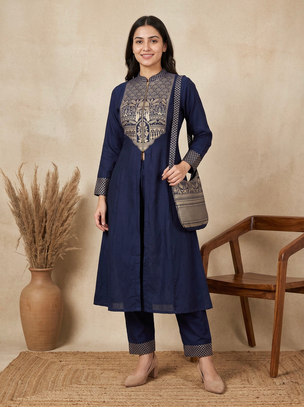 Navy Blue Gold Foil Print Premium  Front-Slit Kurta Set