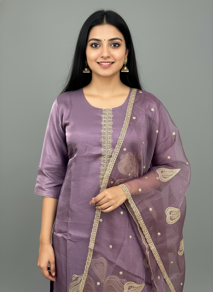 Lavender Silk Embroidered Suit Set with Organza Dupatta