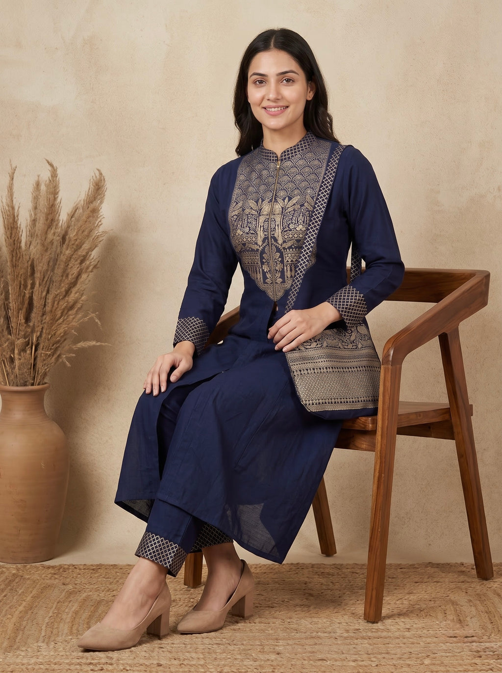 Navy Blue Gold Foil Print Premium  Front-Slit Kurta Set