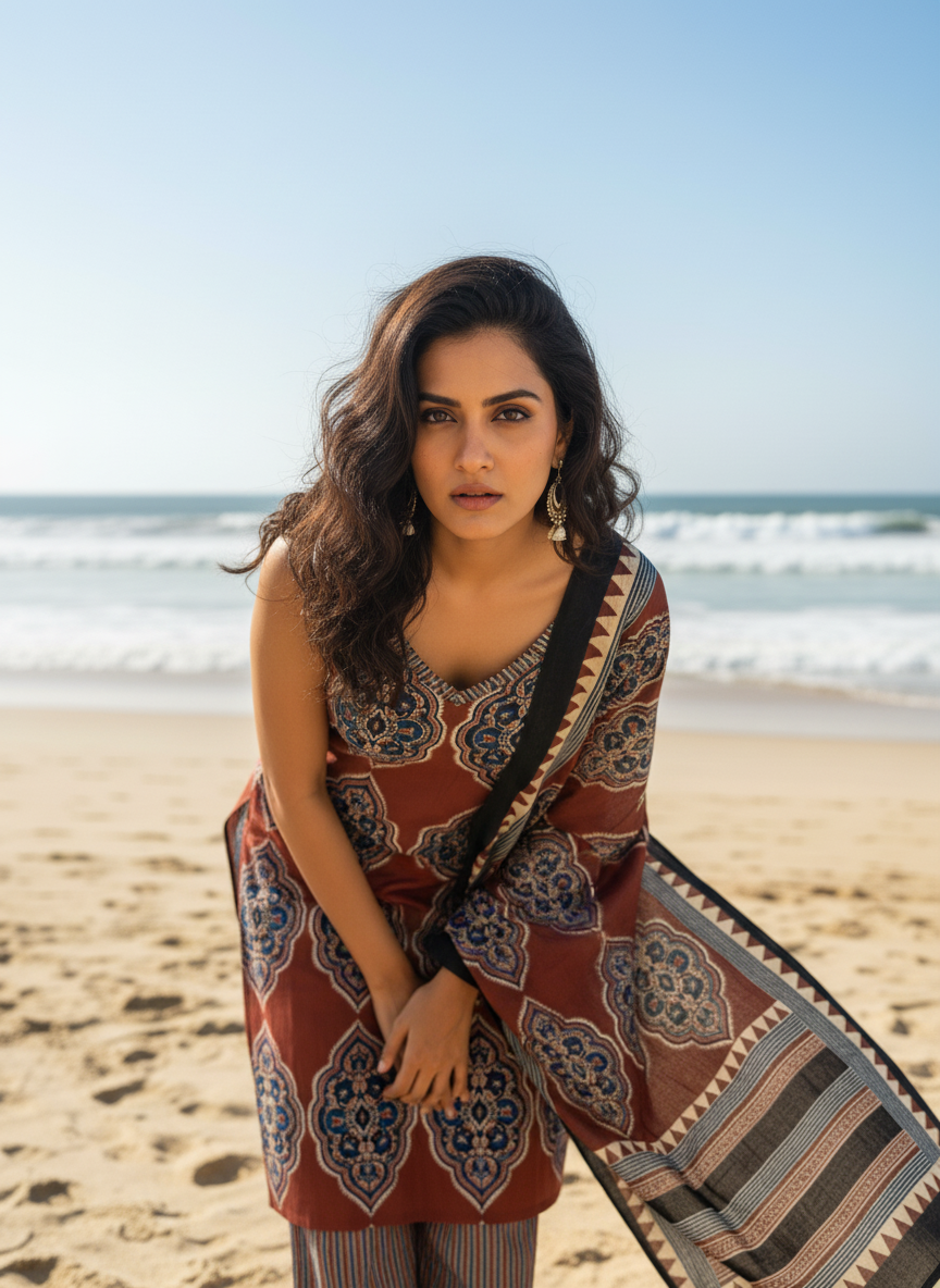 Indigo Ajrakh Print Cotton Sleeveless Kurta Set with Palazzo