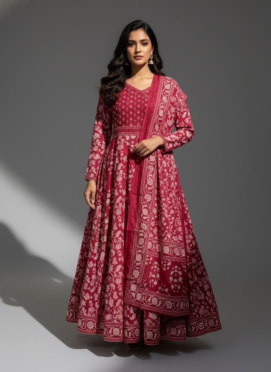 Maroon Floral Anarkali Cotton 3-Piece Suit Set