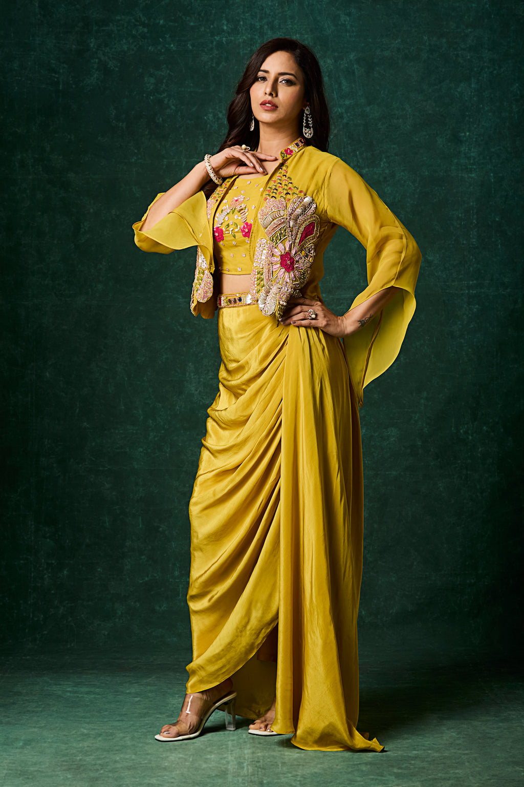 Mustard Yellow Draped Skirt Set with Embroidered Jacket