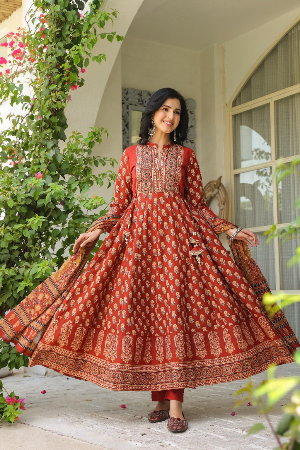 Gulnaar Rust Cotton Anarkali Set