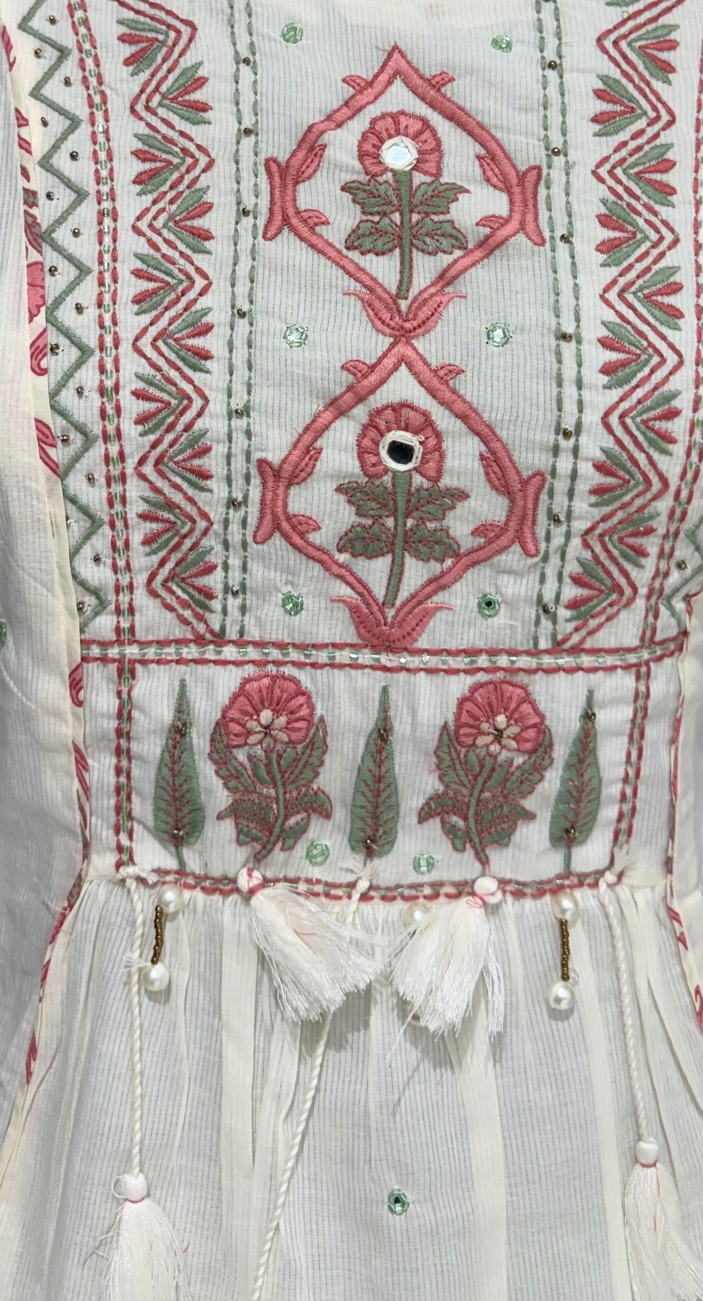 Ivory & Pink Floral Embroidered With  Block Print Cotton Kurta Set for Women – A-Line Daily & Office Wear Suit