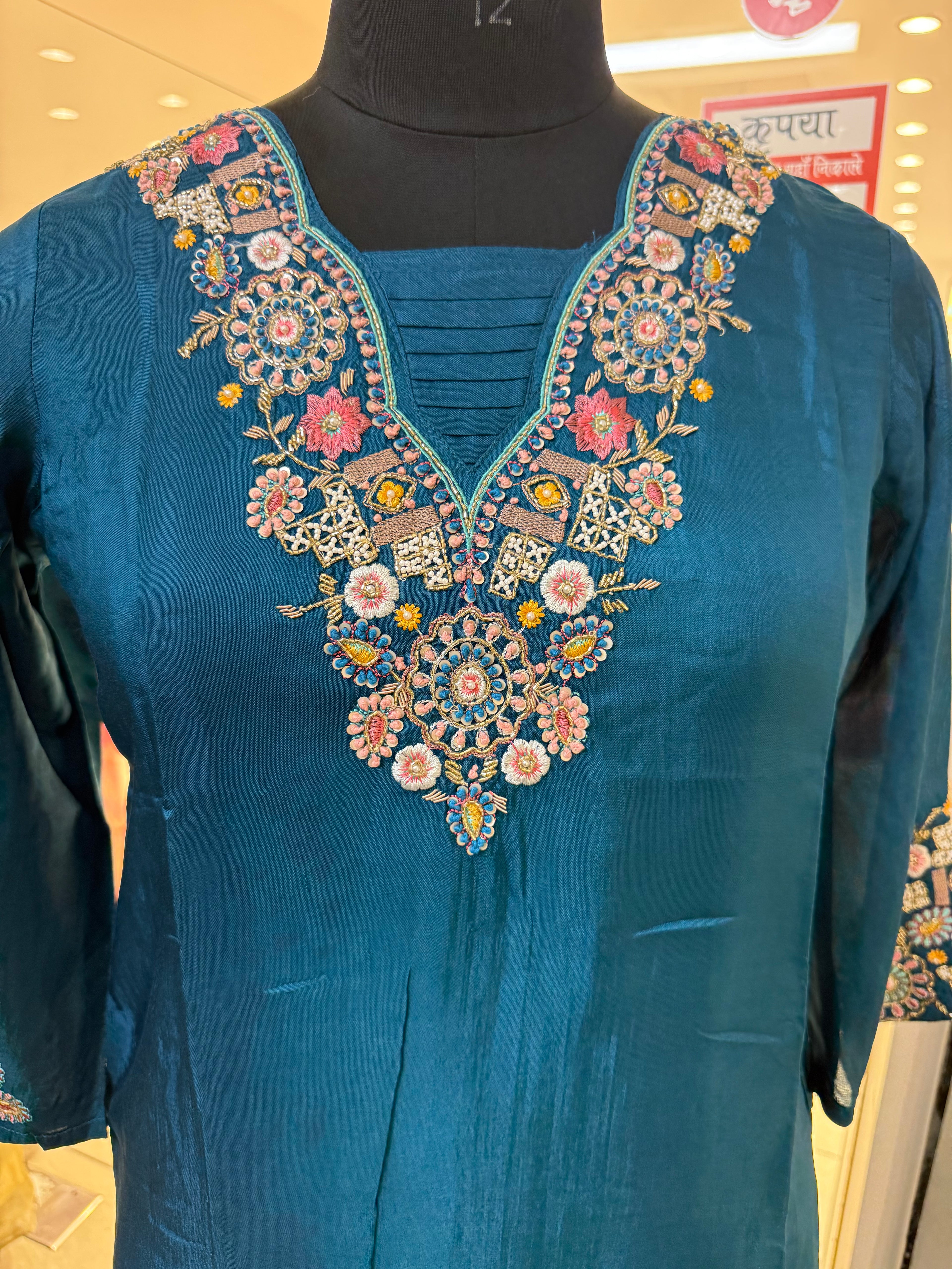 Midnight Teal Silk Embroidered Suit Set with Banarasi-Style Dupatta