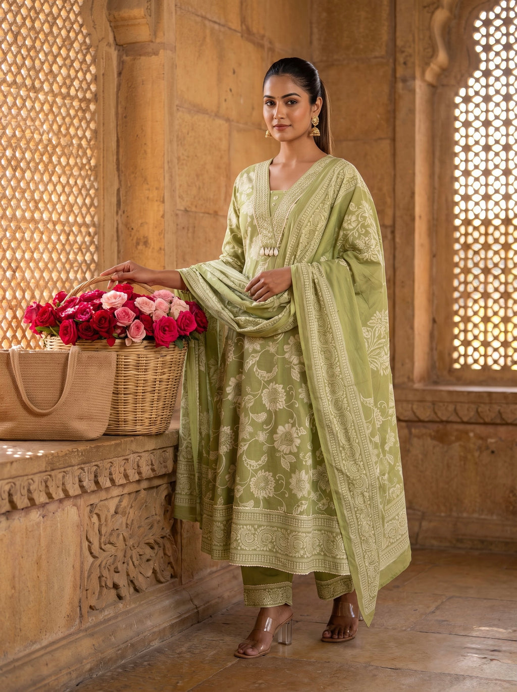 Sage Green Floral Print Premium Cotton Kurta Set