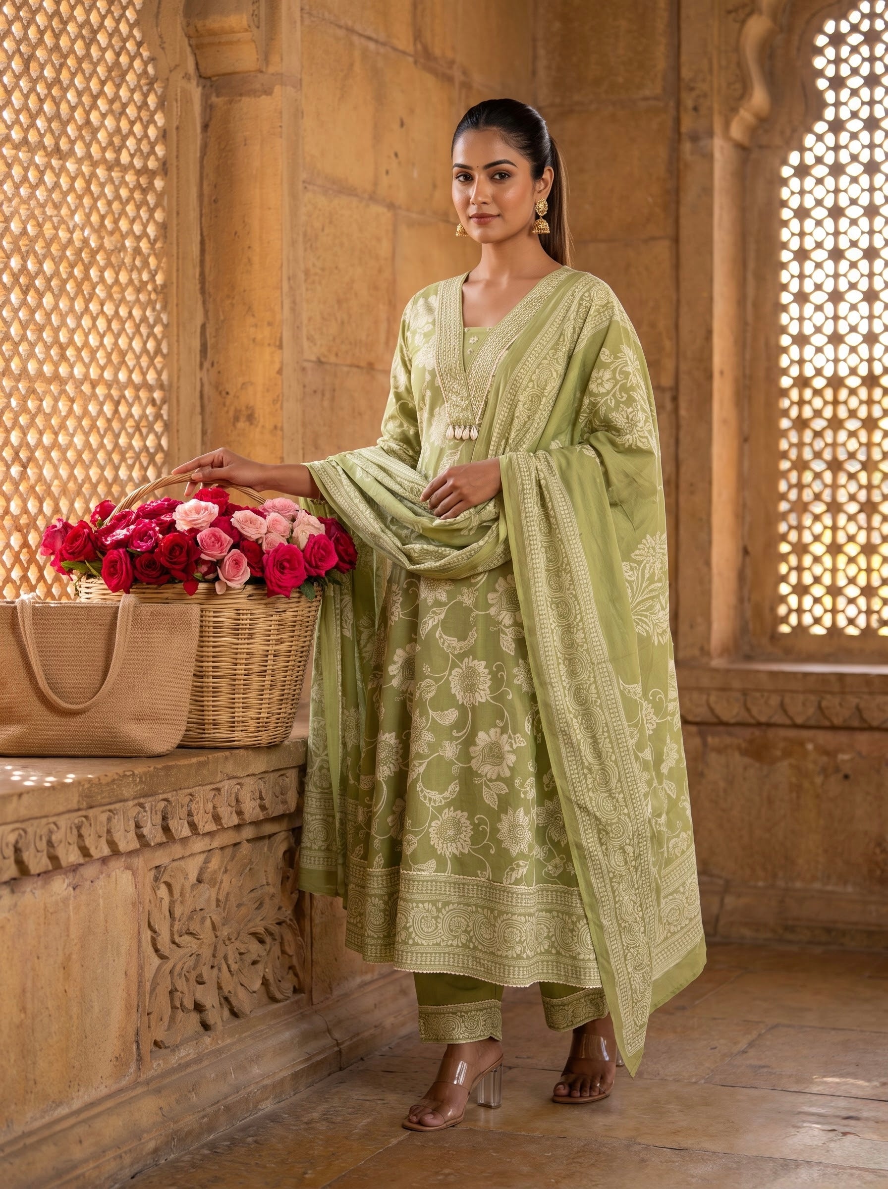 Sage Green Floral Print Premium Cotton Kurta Set
