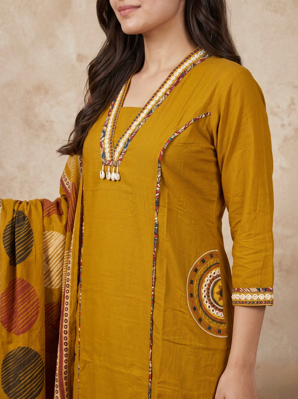 Mustard Yellow Premium Cotton Kurta Set with Kalamkari Dupatta