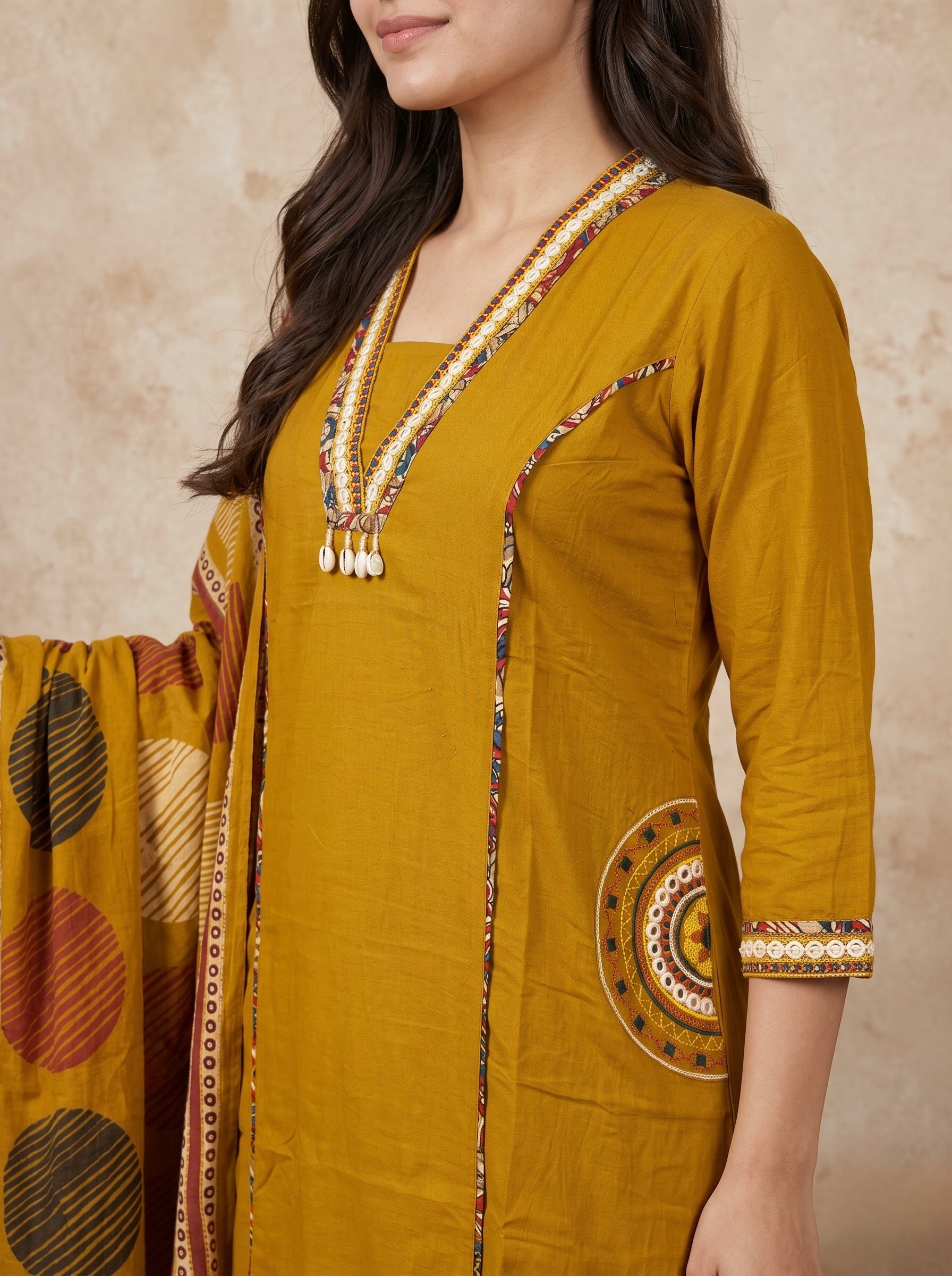 Mustard Yellow Premium Cotton Kurta Set with Kalamkari Dupatta