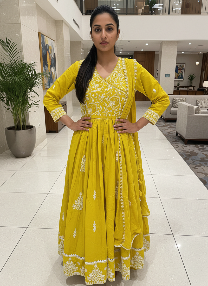 Mustard Yellow Chikankari Style Angrakha Suit Set - 3 Piece