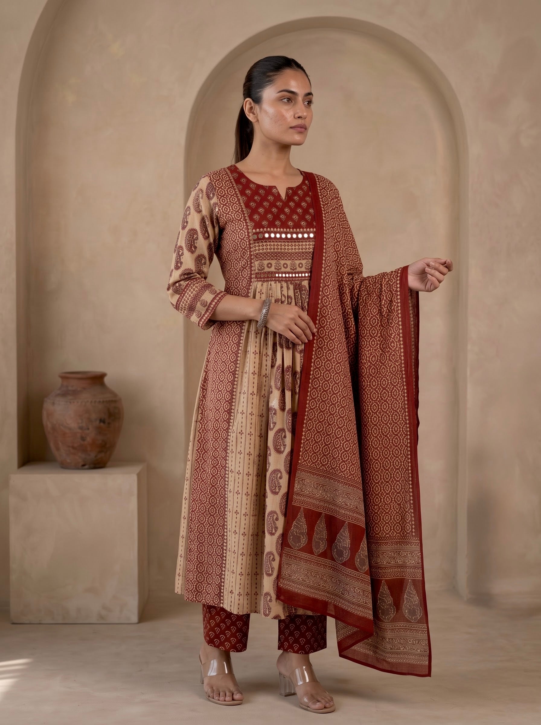 Beige & Maroon Ajrakh Print Premium Cotton Anarkali Kurta Set