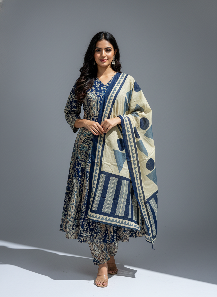 Navy Blue Paisley Cotton Anarkali Suit Set for Women – Printed Daily Wear Kurta