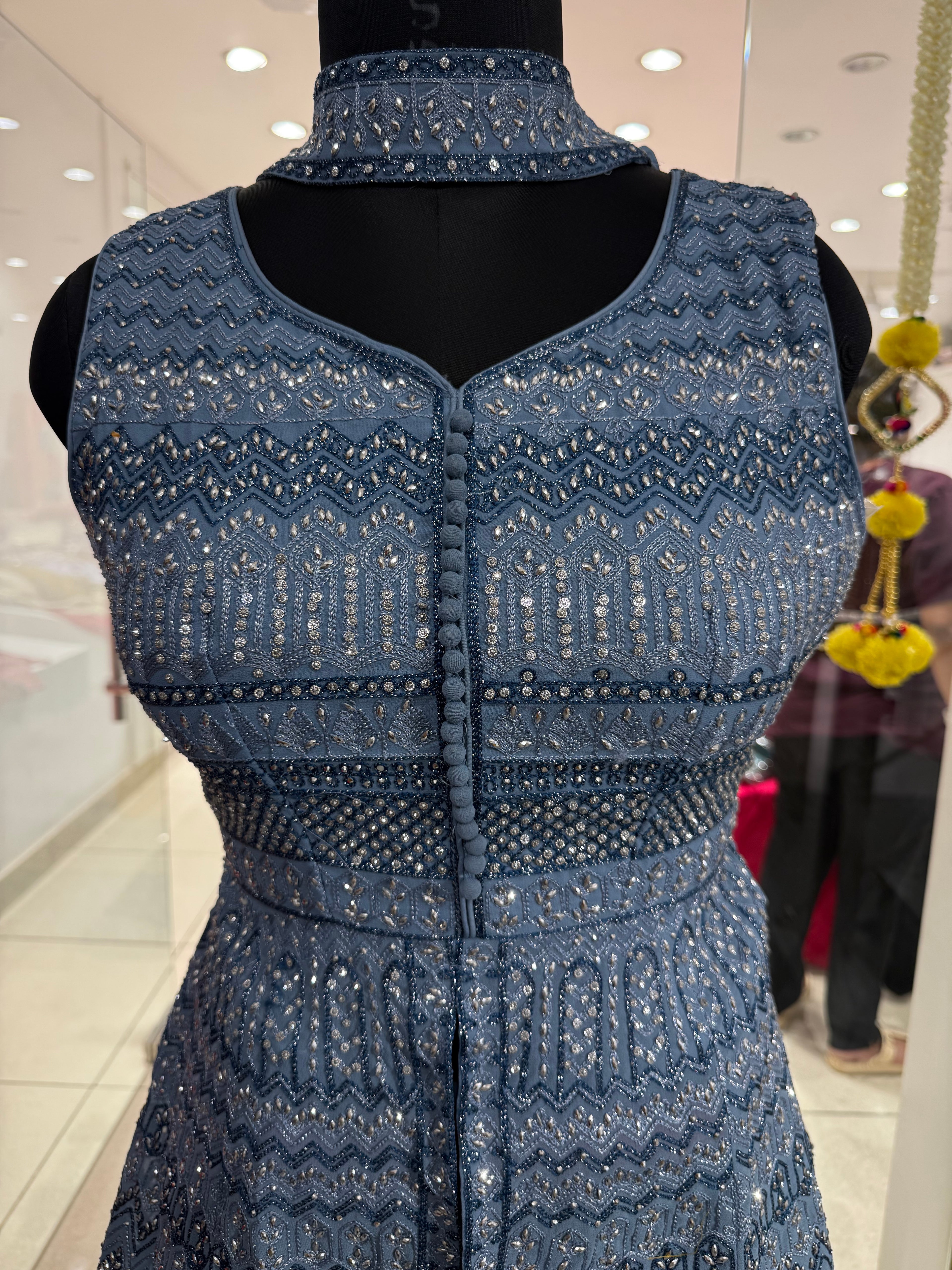 Dusty Blue Embroidered Peplum Top with Flowy Skirt Set