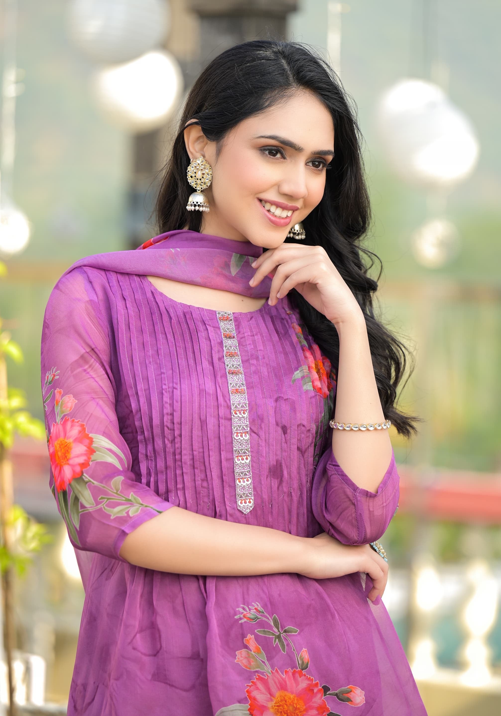 Purple Orgenza Suit Set With Elegant Neck Work
